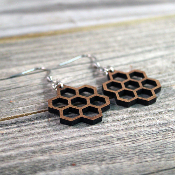 Lightweight Wooden Honeycomb Earrings with Hypoallergenic Stainless Steel Hooks Crafted from American Black Walnut