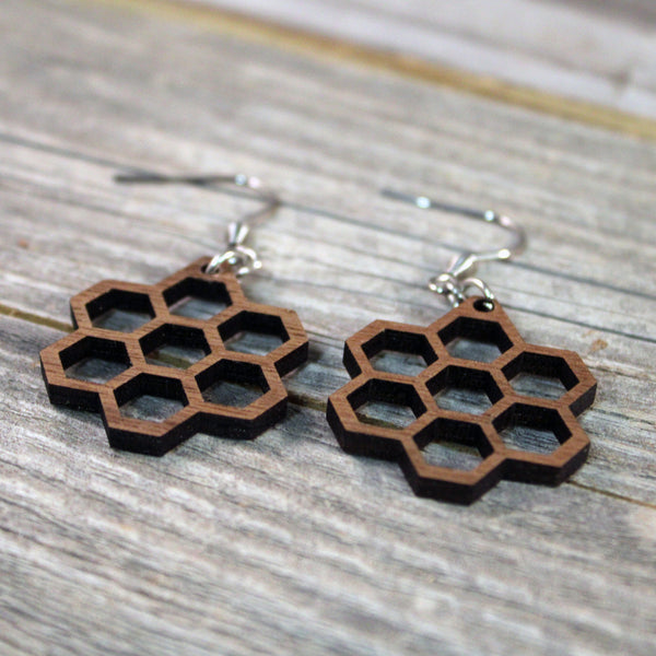 Lightweight Wooden Honeycomb Earrings with Hypoallergenic Stainless Steel Hooks Crafted from American Black Walnut