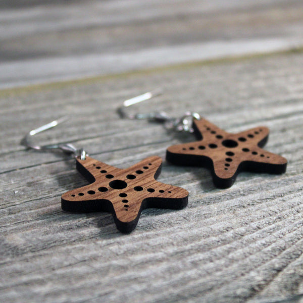 Wooden Starfish Earrings/Lightweight Sea Star Earrings/Hypoallergenic Stainless Steel and American Walnut Wood