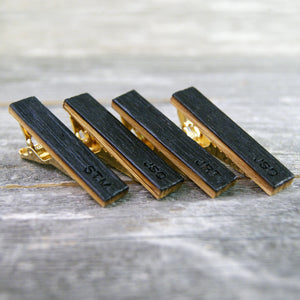 Groomsmen tie clip set crafted from a Whiskey Barrel - Free personalization: Initials, dates, or short names!