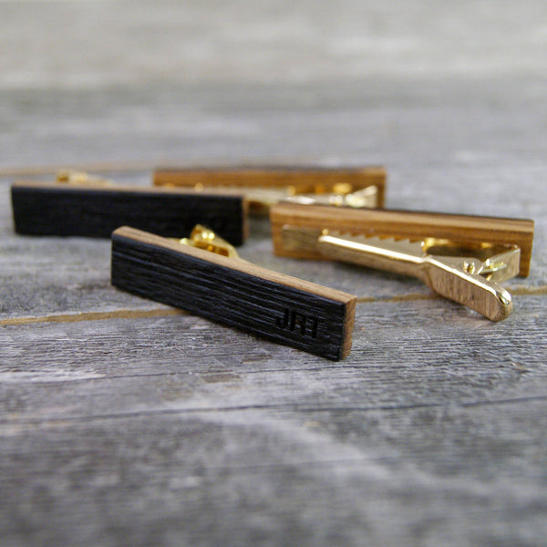 Groomsmen tie clip set crafted from a Whiskey Barrel - Free personalization: Initials, dates, or short names!