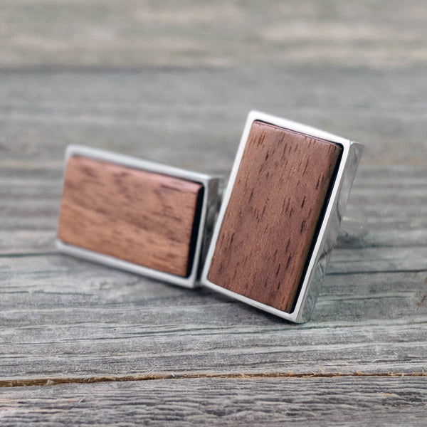 Rectangular Walnut Wood Cufflinks in Stainless Steel Bezel - Great for Father's Day!