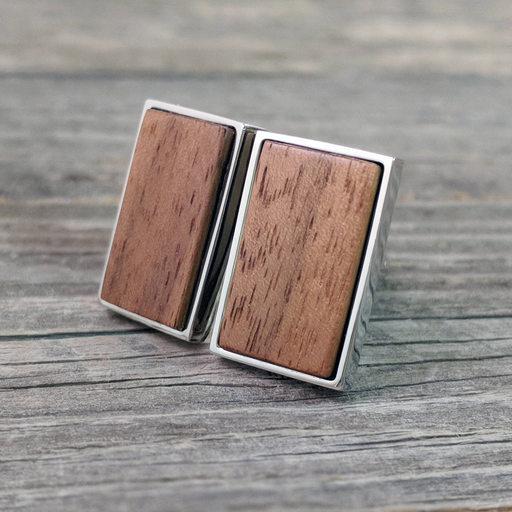 Rectangular Walnut Wood Cufflinks in Stainless Steel Bezel - Great for Father's Day!
