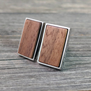 Rectangular Walnut Wood Cufflinks in Stainless Steel Bezel - Great for Father's Day!
