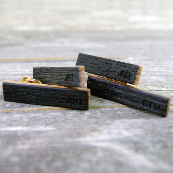Groomsmen tie clip set crafted from a Whiskey Barrel - Free personalization: Initials, dates, or short names!
