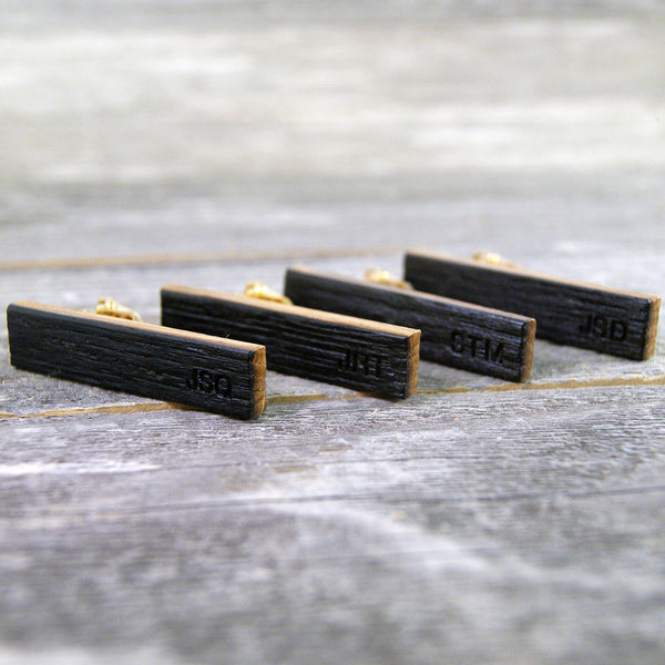 Groomsmen tie clip set crafted from a Whiskey Barrel - Free personalization: Initials, dates, or short names!