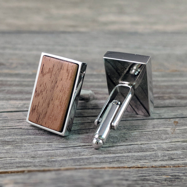 Rectangular Walnut Wood Cufflinks in Stainless Steel Bezel - Great for Father's Day!
