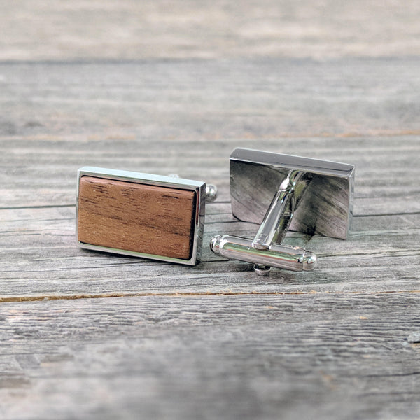 Rectangular Walnut Wood Cufflinks in Stainless Steel Bezel - Great for Father's Day!