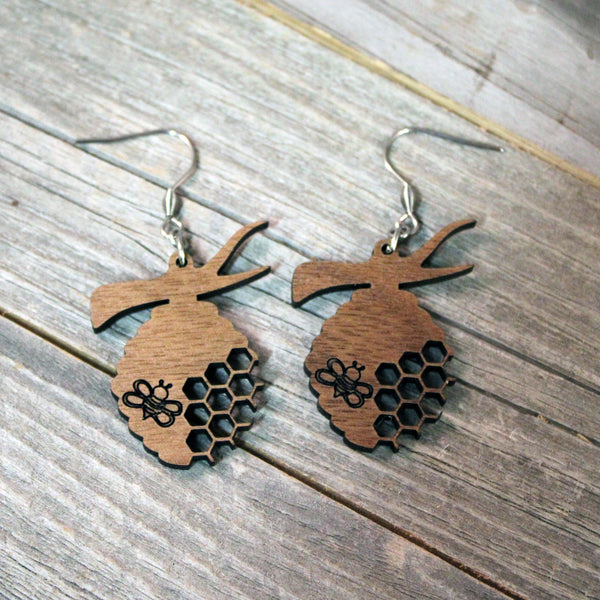 Wooden Beehive Earrings with Hypoallergenic Stainless Steel Hooks Crafted from American Black Walnut