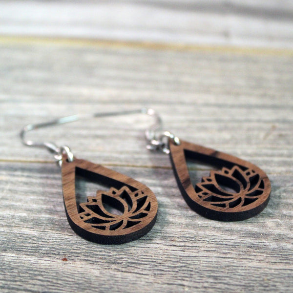 Wooden Lotus Flower Dangle Earrings / Bridesmaid Earrings / Teardrop Earrings / Lightweight Lotus Flower from Wood / Hypoallergenic