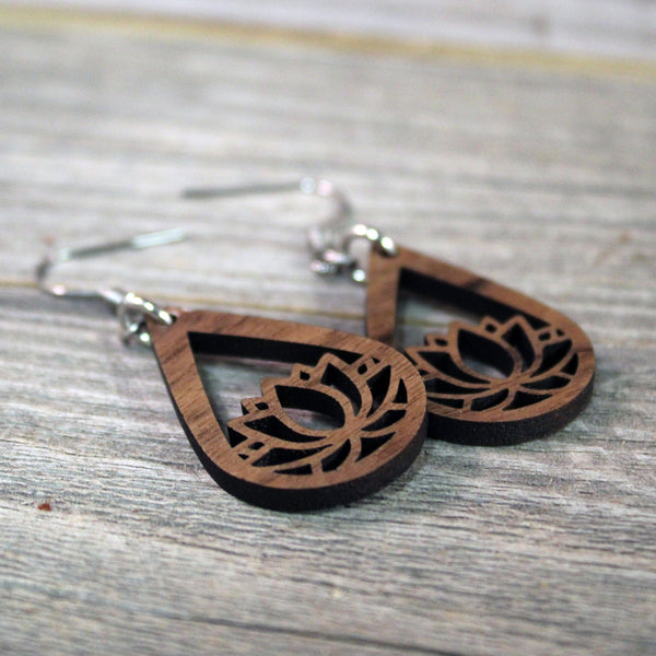 Wooden Lotus Flower Dangle Earrings / Bridesmaid Earrings / Teardrop Earrings / Lightweight Lotus Flower from Wood / Hypoallergenic