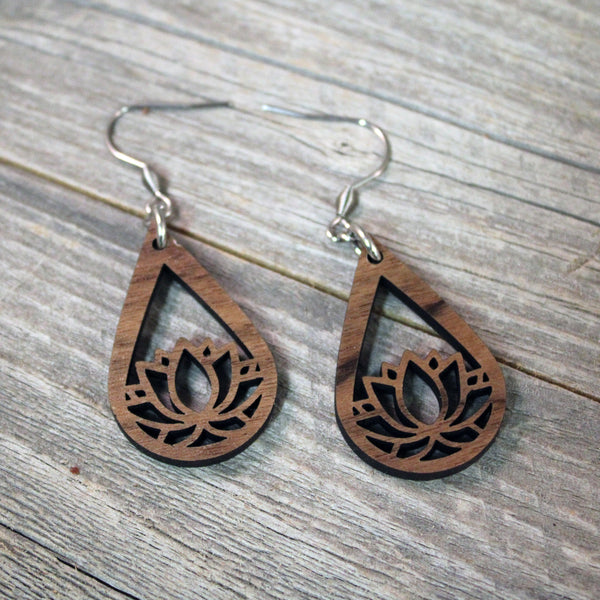 Wooden Lotus Flower Dangle Earrings / Bridesmaid Earrings / Teardrop Earrings / Lightweight Lotus Flower from Wood / Hypoallergenic