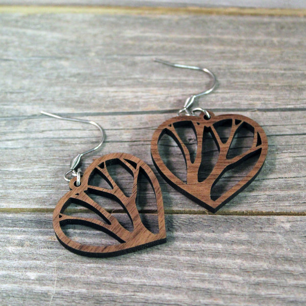 Wooden Heart Earrings/Bridesmaid Earrings/Tree Themed Earrings/Lightweight Hear Earrings from Wood/Hypoallergenic Stainless Steel