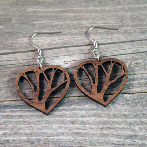 Wooden Heart Earrings/Bridesmaid Earrings/Tree Themed Earrings/Lightweight Hear Earrings from Wood/Hypoallergenic Stainless Steel