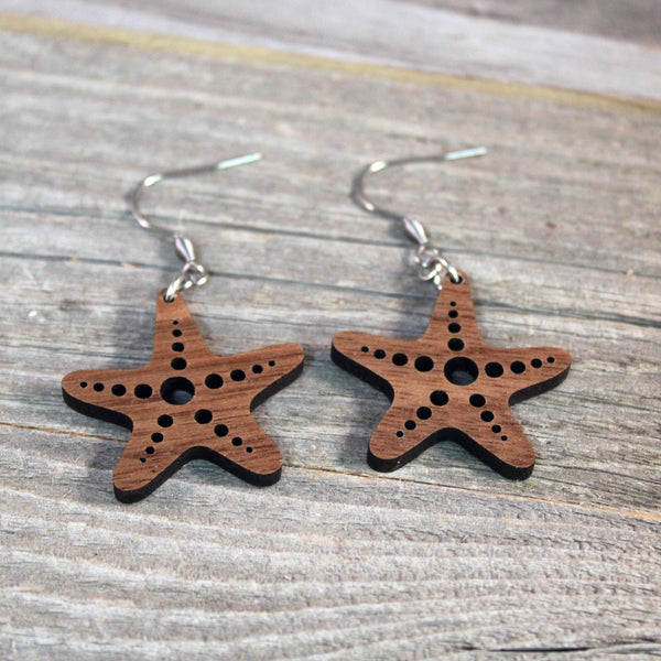 Wooden Starfish Earrings/Lightweight Sea Star Earrings/Hypoallergenic Stainless Steel and American Walnut Wood