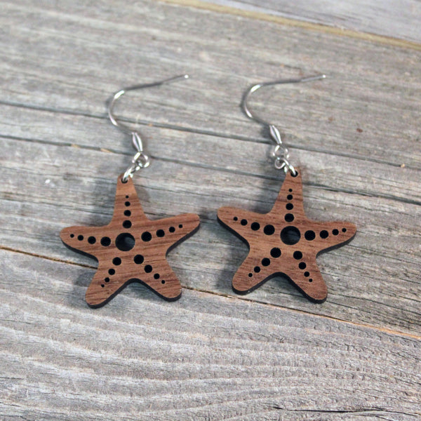 Wooden Starfish Earrings/Lightweight Sea Star Earrings/Hypoallergenic Stainless Steel and American Walnut Wood