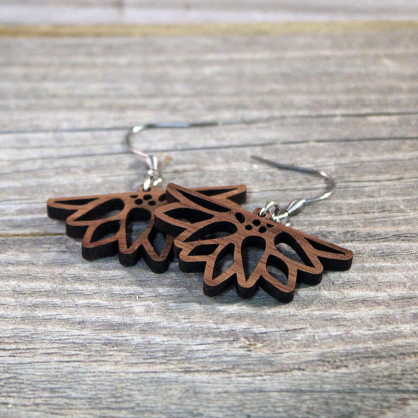 Wooden Sunflower Dangle Earrings with Hypoallergenic Stainless Steel Hooks Crafted from American Black Walnut