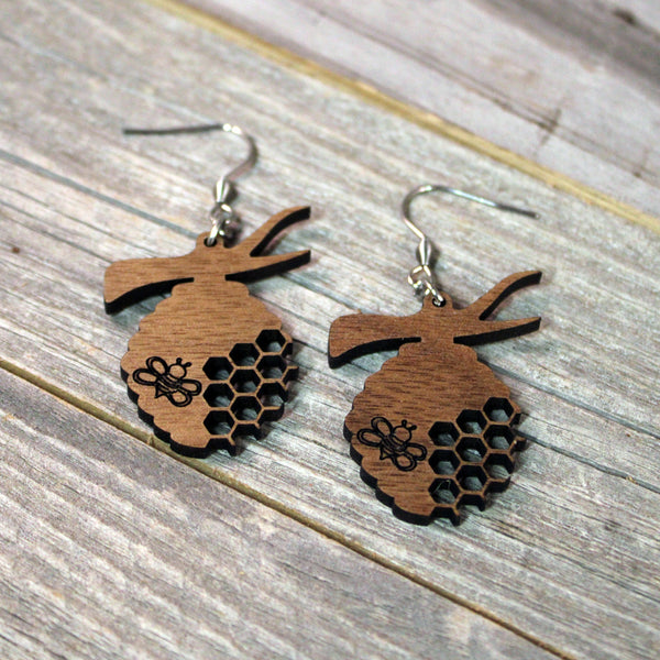 Wooden Beehive Earrings with Hypoallergenic Stainless Steel Hooks Crafted from American Black Walnut