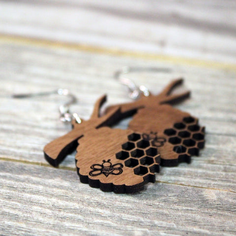 Wooden Beehive Earrings with Hypoallergenic Stainless Steel Hooks Crafted from American Black Walnut