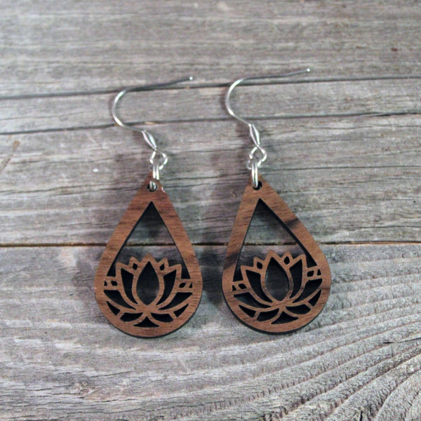 Wooden Lotus Flower Dangle Earrings / Bridesmaid Earrings / Teardrop Earrings / Lightweight Lotus Flower from Wood / Hypoallergenic