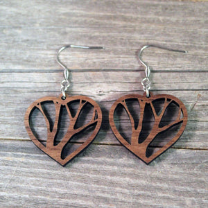 Wooden Heart Earrings/Bridesmaid Earrings/Tree Themed Earrings/Lightweight Hear Earrings from Wood/Hypoallergenic Stainless Steel