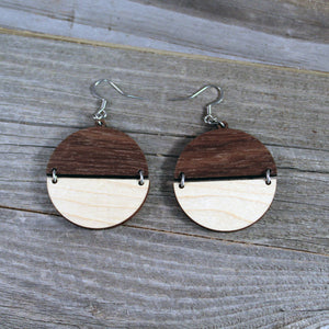 Wooden Split Circle Geometric Earrings/Lightweight Wood Earrings/Walnut and Maple Wooden Earrings/Two Color Hinged Flat Disc Earrings