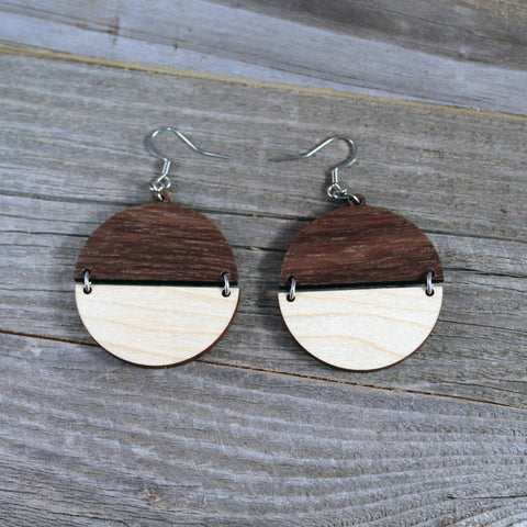 Wooden Split Circle Geometric Earrings/Lightweight Wood Earrings/Walnut and Maple Wooden Earrings/Two Color Hinged Flat Disc Earrings