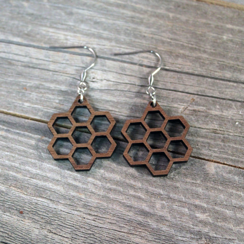 Lightweight Wooden Honeycomb Earrings with Hypoallergenic Stainless Steel Hooks Crafted from American Black Walnut