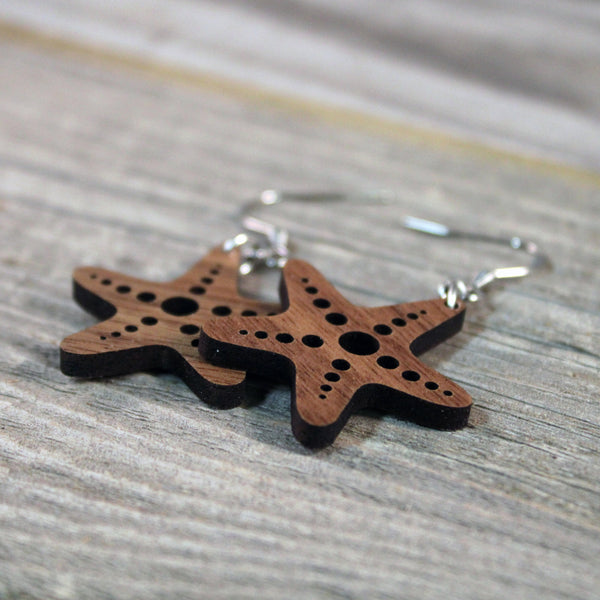 Wooden Starfish Earrings/Lightweight Sea Star Earrings/Hypoallergenic Stainless Steel and American Walnut Wood