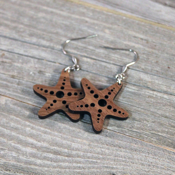 Wooden Starfish Earrings/Lightweight Sea Star Earrings/Hypoallergenic Stainless Steel and American Walnut Wood