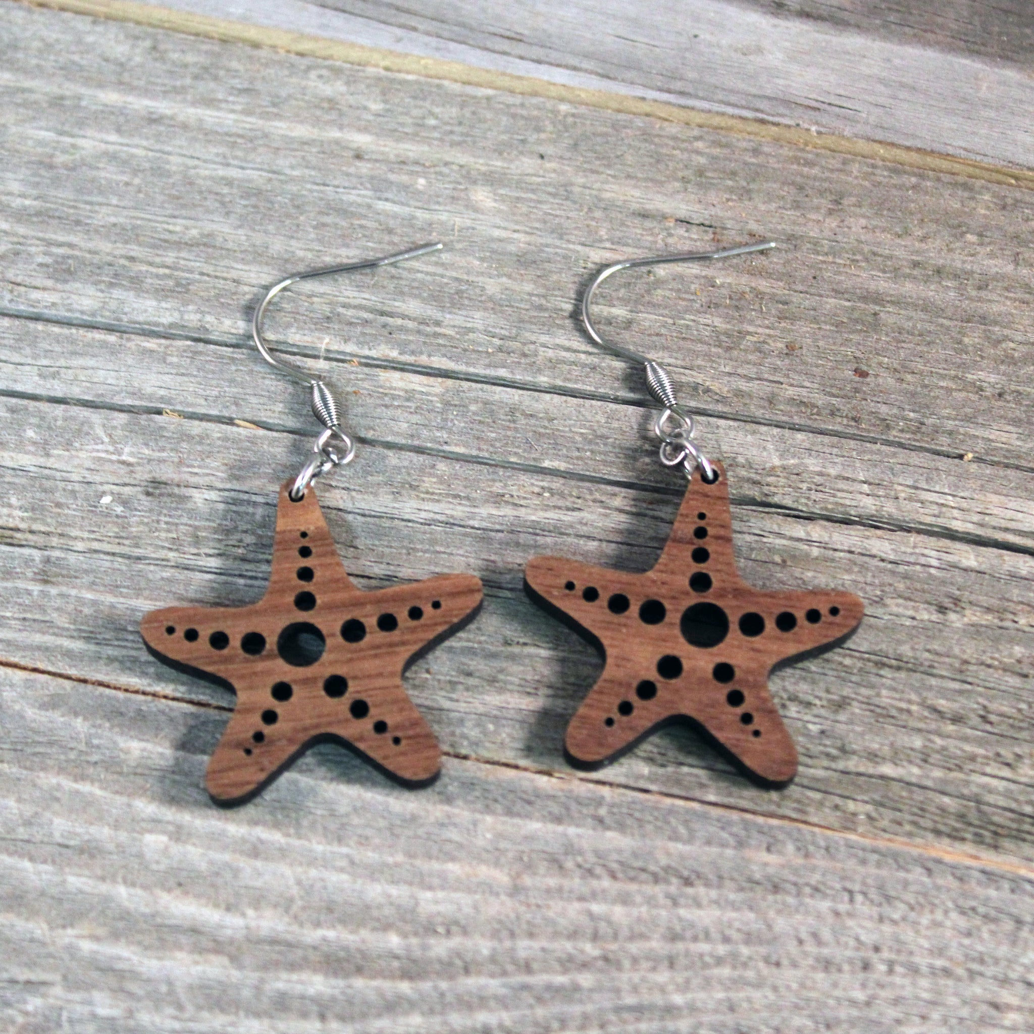Wooden Starfish Earrings/Lightweight Sea Star Earrings/Hypoallergenic Stainless Steel and American Walnut Wood
