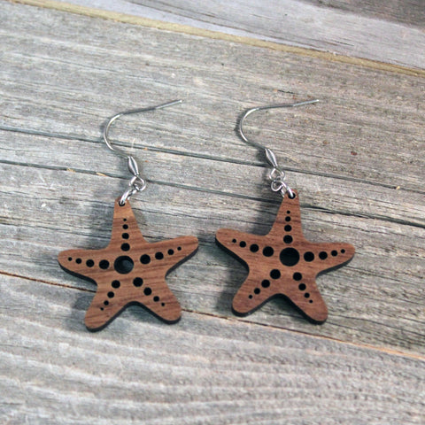 Wooden Starfish Earrings/Lightweight Sea Star Earrings/Hypoallergenic Stainless Steel and American Walnut Wood