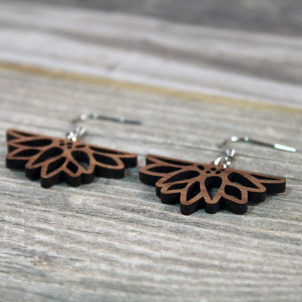 Wooden Sunflower Dangle Earrings with Hypoallergenic Stainless Steel Hooks Crafted from American Black Walnut