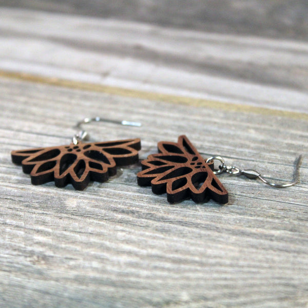 Wooden Sunflower Dangle Earrings with Hypoallergenic Stainless Steel Hooks Crafted from American Black Walnut