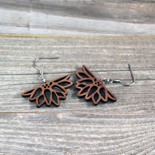 Wooden Sunflower Dangle Earrings with Hypoallergenic Stainless Steel Hooks Crafted from American Black Walnut