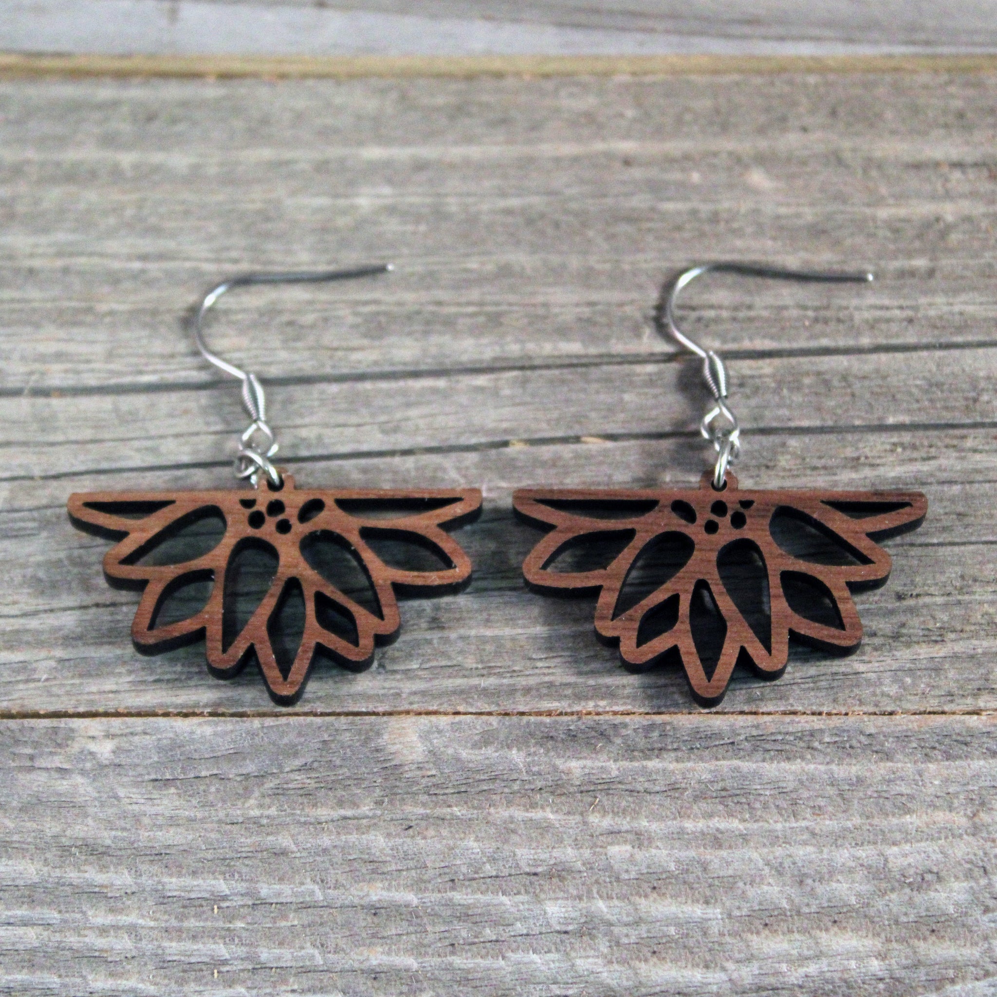 Wooden Sunflower Dangle Earrings with Hypoallergenic Stainless Steel Hooks Crafted from American Black Walnut