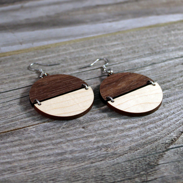 Wooden Split Circle Geometric Earrings/Lightweight Wood Earrings/Walnut and Maple Wooden Earrings/Two Color Hinged Flat Disc Earrings