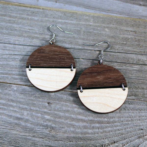 Wooden Split Circle Geometric Earrings/Lightweight Wood Earrings/Walnut and Maple Wooden Earrings/Two Color Hinged Flat Disc Earrings