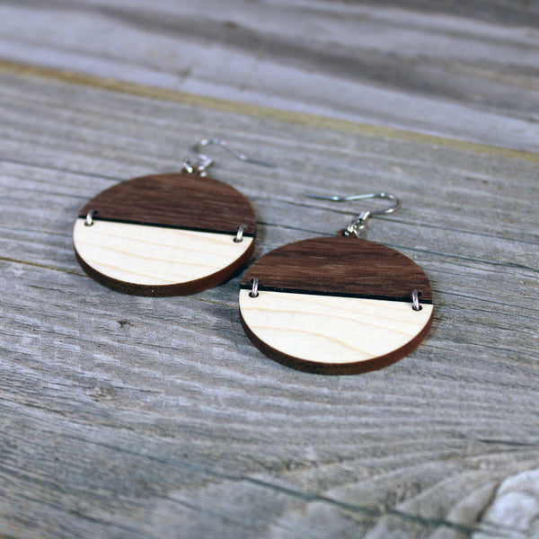 Wooden Split Circle Geometric Earrings/Lightweight Wood Earrings/Walnut and Maple Wooden Earrings/Two Color Hinged Flat Disc Earrings