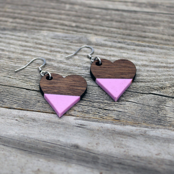Wooden Heart Earrings with Pink Pastel Accent/Colorful Earrings/Spring Earrings/Bridesmaid Earrings/Lightweight Earrings