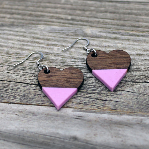 Wooden Heart Earrings with Pink Pastel Accent/Colorful Earrings/Spring Earrings/Bridesmaid Earrings/Lightweight Earrings