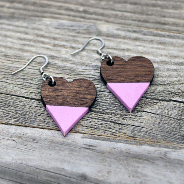 Wooden Heart Earrings with Pink Pastel Accent/Colorful Earrings/Spring Earrings/Bridesmaid Earrings/Lightweight Earrings