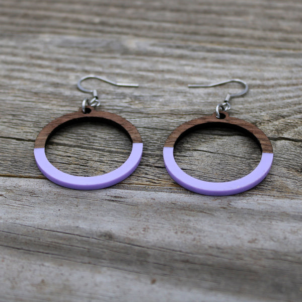 Wooden Hoop Earrings with Purple Pastel Accent/Colorful Earrings/Spring Earrings/Bridesmaid Earrings/Lightweight Earrings