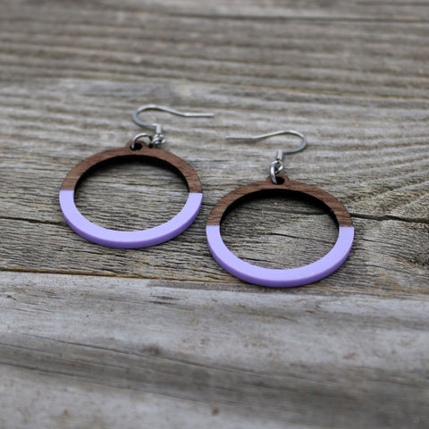Wooden Hoop Earrings with Purple Pastel Accent/Colorful Earrings/Spring Earrings/Bridesmaid Earrings/Lightweight Earrings
