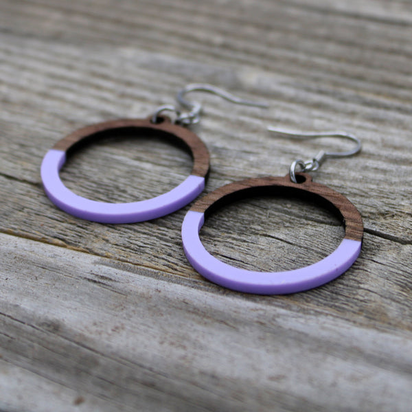 Wooden Hoop Earrings with Purple Pastel Accent/Colorful Earrings/Spring Earrings/Bridesmaid Earrings/Lightweight Earrings