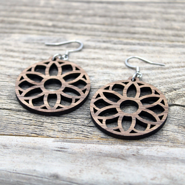 Lightweight Wooden Mandala Earrings/Intricate Earrings/Mandala from Wood/Hypoallergenic/American Black Walnut Wood