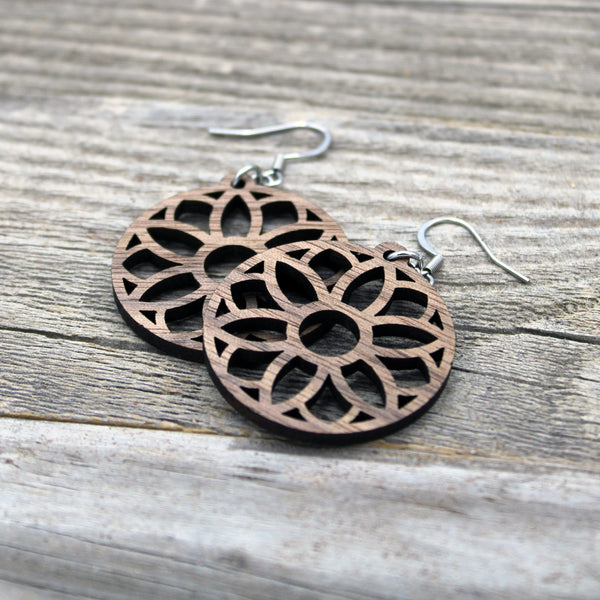 Lightweight Wooden Mandala Earrings/Intricate Earrings/Mandala from Wood/Hypoallergenic/American Black Walnut Wood