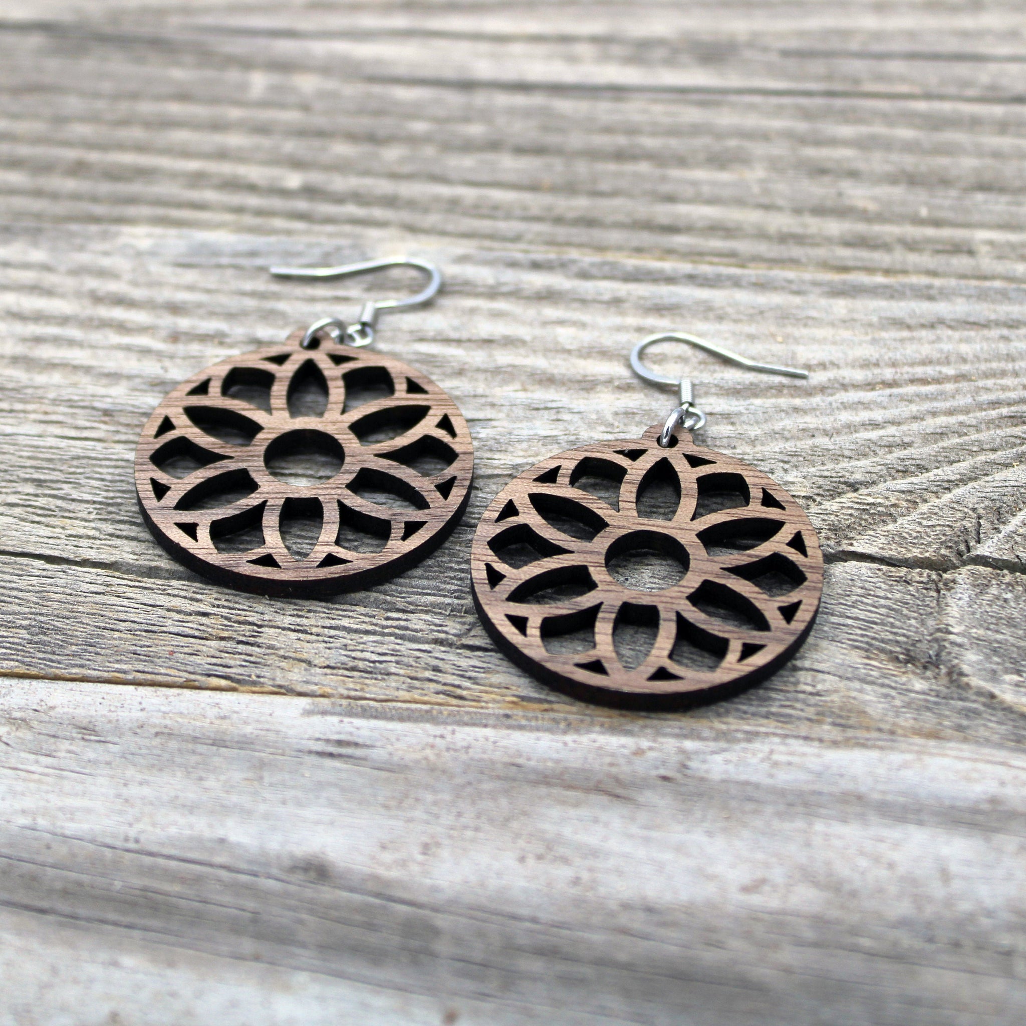 Lightweight Wooden Mandala Earrings/Intricate Earrings/Mandala from Wood/Hypoallergenic/American Black Walnut Wood