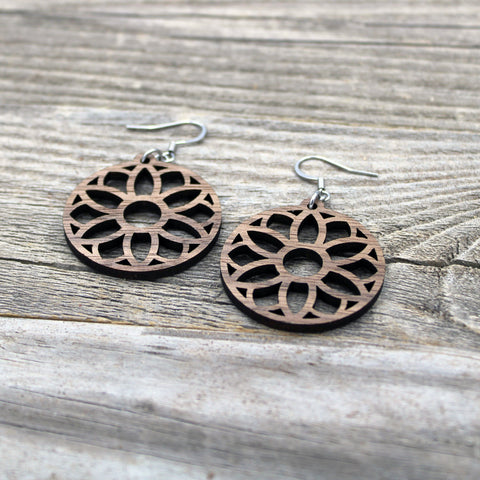 Lightweight Wooden Mandala Earrings/Intricate Earrings/Mandala from Wood/Hypoallergenic/American Black Walnut Wood
