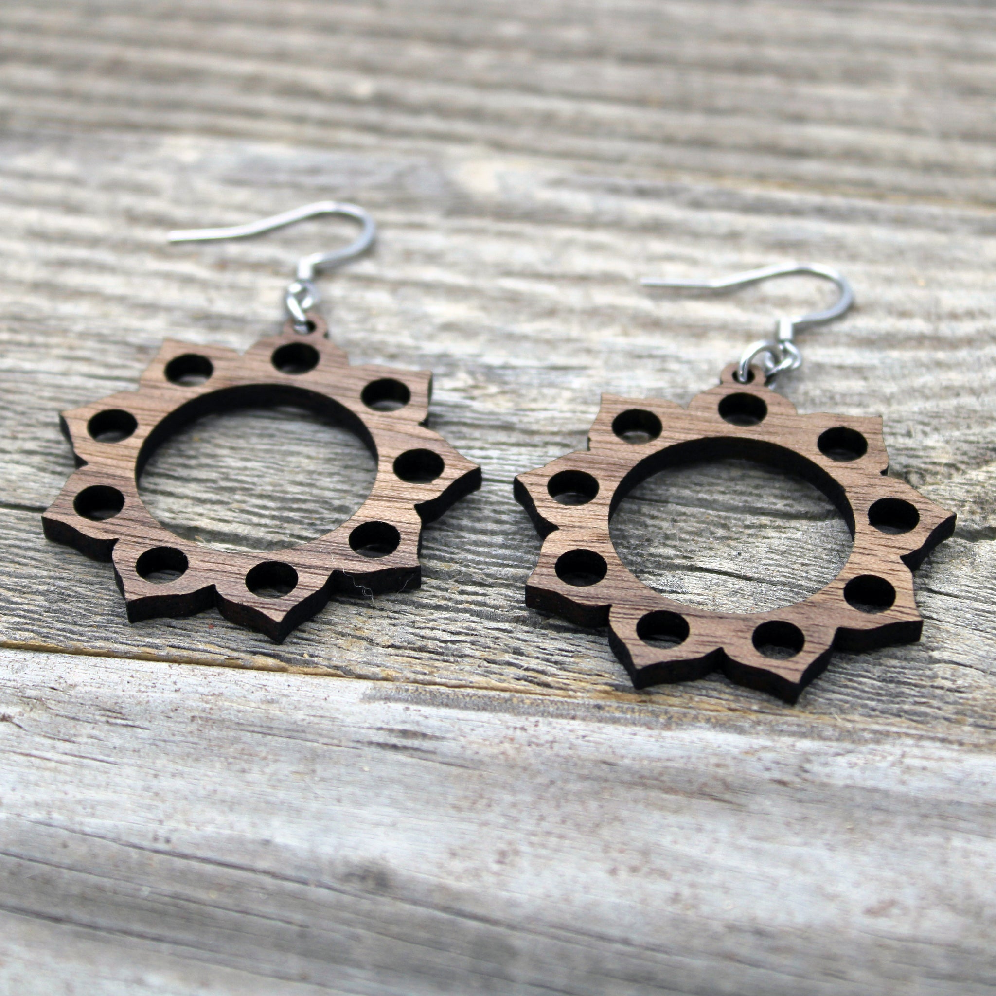 Lightweight Wooden Mandala Earrings/Wood Earrings/Mandala from Wood/Hypoallergenic/American Black Walnut